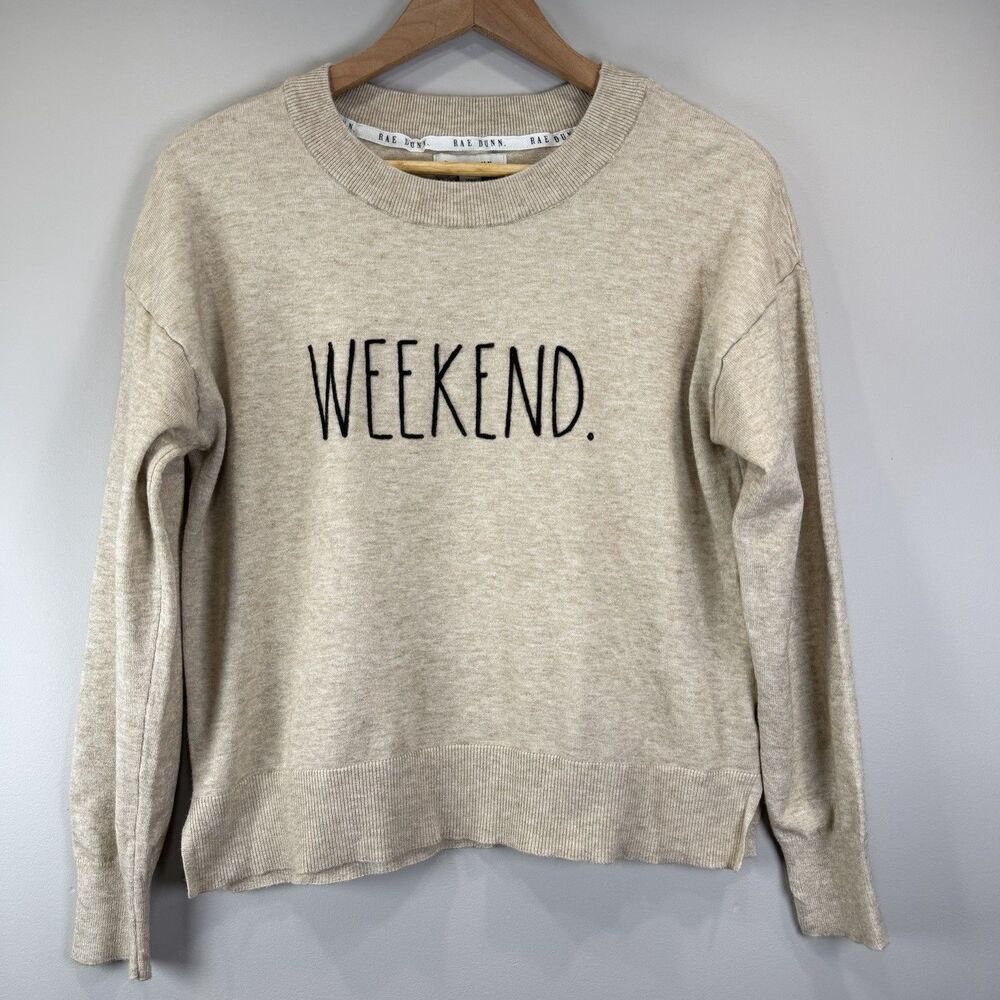 Rae Dunn Women's Size M "WEEKEND." Beige Crew Neck Knit Sweater Minimalist